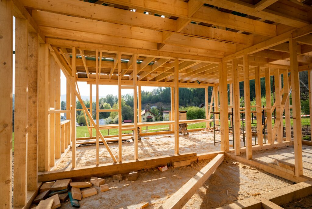 New interior residential wooden construction house framing